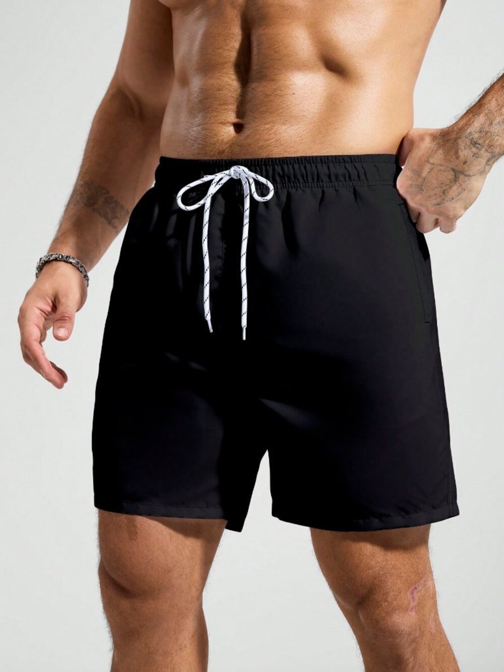 Black Sports Outdoor Men's Pocket Drawstring Waist Beach Shorts - Picture 5 of 5